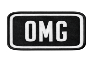 A black and white embroidered patch features bold letters omg in rectangular shape, conveying surprise or excitement. design is simple yet striking, suitable for various fashion items png