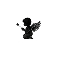 Silhouette of cherubic angel with wings is depicted holding small arrow, evoking sense of innocence and whimsy. simple black design contrasts against plain background png
