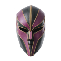 Sleek, futuristic mask with black and purple design featuring gold accents, creating mysterious and bold appearance. mask smooth surface and sharp lines suggest modern, artistic style png