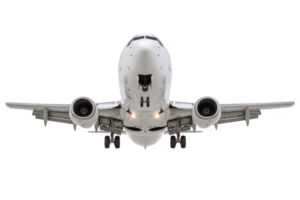 A commercial airplane is captured in mid flight, showcasing its aerodynamic design and powerful engines. aircraft is viewed from front, highlighting its sleek body and extended landing gear png