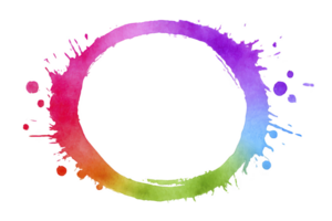 Vibrant watercolor circle with splashes of red, purple, blue, and green creates dynamic and artistic design. colorful ring is set against transparent background, adding creative touch png