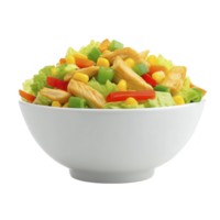 A vibrant salad in white bowl features fresh lettuce, grilled chicken, corn, red and yellow bell peppers, and green onions, creating colorful and healthy meal png