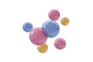 A colorful translucent bubbles floating against transparency background, creating playful and whimsical atmosphere. bubbles vary size and are primarily pink, blue, and yellow, overlapping slightly png