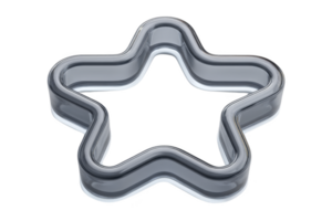 A star shaped metal cookie cutter is displayed against transparency background, showcasing its shiny and smooth surface. cutter is designed for baking enthusiasts to create star shaped cookies png