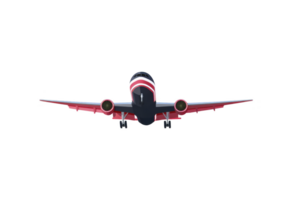 A red and black airplane is flying towards viewer, showcasing its sleek design and powerful engines against clear sky. aircraft wings are extended, emphasizing its aerodynamic shape png