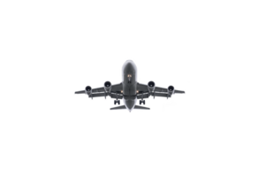 A large passenger airplane is flying directly towards viewer against clear sky, showcasing its powerful engines and sleek design png