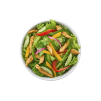 A fresh salad in white bowl features vibrant lettuce, grilled chicken strips, sliced cucumbers, red onions, and colorful bell peppers, creating healthy and appetizing dish png