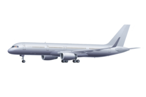 A sleek, silver commercial airplane with two engines and streamlined design, ready for takeoff. aircraft is depicted in side view, showcasing its aerodynamic shape and landing gear png