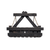 Rustic wooden hanging sign with triangular frame and chain supports, perfect for adding vintage touch to any space. dark wood finish enhances its classic appeal png
