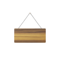 Rectangular wooden sign with natural grain pattern hangs from metal chain, isolated on transparency background. sign is simple and rustic, suitable for various decorative or informational purposes png