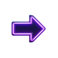 Glowing neon arrow in vibrant purple points to right, creating modern and futuristic look. bright illumination and sleek design make it ideal for digital interfaces or signage png