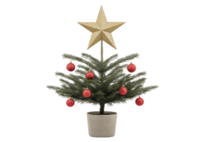 Small artificial Christmas tree in pot is adorned with red baubles and topped with golden star, creating festive and cheerful holiday decoration png