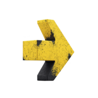 3D yellow arrow with distressed texture points to right, symbolizing direction and movement. arrow worn appearance adds vintage and industrial feel png