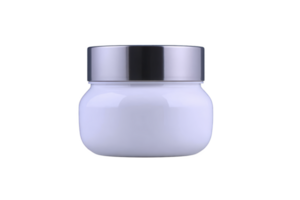 A white cosmetic jar with shiny silver lid is displayed against plain background, highlighting its sleek and minimalist design. container is suitable for creams or lotions png