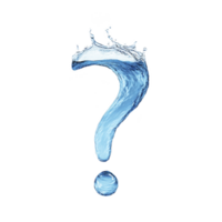 Water splash forms question mark against transparency background, symbolizing curiosity and fluidity. dynamic shape and clear blue color evoke sense of wonder and inquiry png