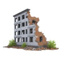 A partially collapsed, abandoned building with exposed brick and debris, surrounded by small green bushes, evokes sense of desolation and decay png