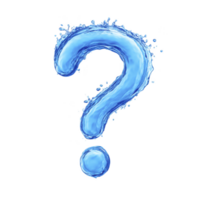 Vibrant blue water splash forms question mark, symbolizing curiosity and inquiry. dynamic liquid shape is set against transparent background, emphasizing its fluidity and motion png