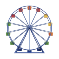 A colorful ferris wheel with red, yellow, green, and blue gondolas stands against transparency background, evoking sense of fun and amusement png