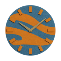 A round wall clock with modern design features blue and orange abstract pattern. clock has gold hands and rectangular hour markers, creating stylish and contemporary look png