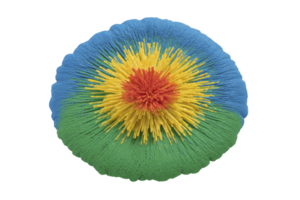 A vibrant, abstract sculpture features circular design with textured surface. center is red, surrounded by yellow, transitioning to blue, and finally green at edges png
