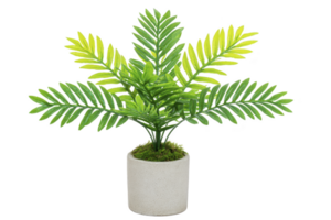 A vibrant artificial fern plant with lush green leaves is displayed in simple gray pot, adding touch of nature to any indoor space png