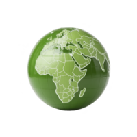 Green globe with focus on Europe, Africa, and Asia, highlighting geographical boundaries and continents. globe is depicted in glossy, modern style, emphasizing environmental themes png