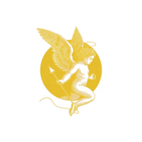 Golden winged figure with arrow and halo is set against circular background, evoking sense of myth and fantasy. intricate design and celestial theme create mystical atmosphere png