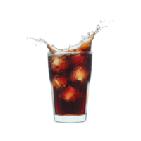 Refreshing splash of dark soda with ice cubes in clear glass, capturing moment of effervescence and movement. drink appears cool and inviting png