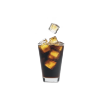 Glass of refreshing with ice cubes floating above, creating dynamic and lively scene. dark, fizzy beverage contrasts with clear, sparkling ice, evoking sense of coolness and refreshment png