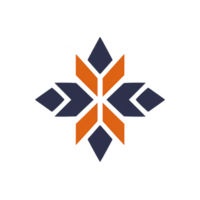 Geometric design featuring symmetrical pattern with navy blue and orange shapes, creating star like appearance. design is bold and modern, suitable for logos or decorative purposes png
