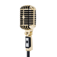 Vintage style gold microphone with classic design, featuring black grille and sleek handle, evokes sense of nostalgia and elegance, perfect for performances or recordings png