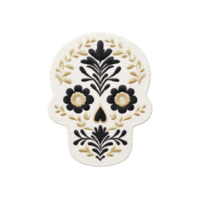 This features decorative sugar skull design with intricate floral patterns black and gold transparency background. design is often associated with Day of Dead celebration.sugar skull design with png