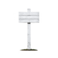 Simple white wooden signpost stands on patch of grass, isolated against plain background. rustic design evokes sense of simplicity and direction png
