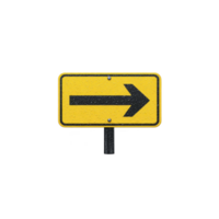 Yellow road sign with black arrow pointing right, indicating direction or navigation. sign is mounted on post and is used for traffic guidance png