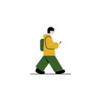 Person in yellow jacket and green pants walks while looking at phone, carrying backpack. illustration is simple and minimalistic, conveying sense of movement and focus png