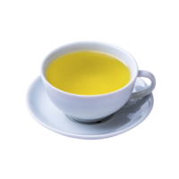 White ceramic cup filled with vibrant yellow tea sits on matching saucer, creating calming and inviting scene. smooth surface of cup enhances warm, soothing appearance of tea png