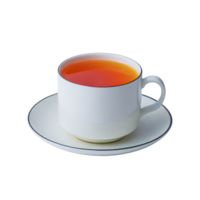 White ceramic cup filled with hot tea sits on matching saucer, creating simple and elegant presentation. tea rich amber color contrasts with cup clean design png