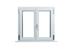 White double pane window with modern design, featuring central handle and sleek frame, isolated on transparency background. window is closed and has minimalist appearance png