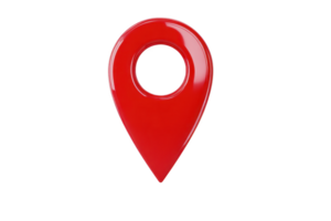 Shiny red map pin icon with circular hole in center, symbolizing location or navigation. pin is isolated on transparency background, emphasizing its vibrant color and sleek design png