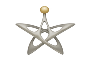 Sleek, abstract 3D sculpture with metallic finish features intertwined loops and central golden sphere, evoking sense of modern elegance and dynamic movement png