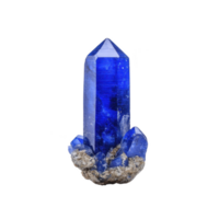 Vibrant blue crystal with pointed tip and rough base, showcasing its natural beauty and intricate details. crystal deep blue hue is striking against contrasting rough texture png