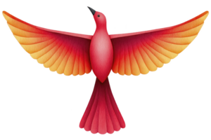 Vibrant illustration of bird with outstretched wings, featuring gradient of red to orange feathers, symbolizing freedom and energy. bird dynamic pose and vivid colors create sense of movement png