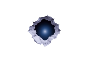 Blue sphere emerges from jagged hole in textured surface, creating striking contrast. scene evokes curiosity and intrigue, with sphere appearing to break through barrier png