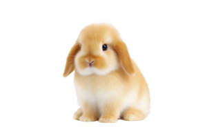 Cute, fluffy, light brown rabbit with long ears sits against transparency background, looking curious and gentle png
