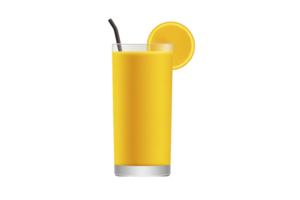 Refreshing glass of orange juice with slice of orange on rim and black straw, set against transparency background. vibrant color and simplicity evoke sense of freshness png