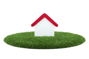 Small white house with red roof sits on circular patch of green grass, symbolizing home and nature. minimalist design evokes sense of simplicity and tranquility png