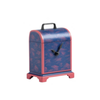 Decorative blue and red vintage style clock with handle and intricate patterns, featuring unique design that combines functionality with artistic flair png