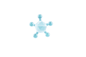 Geometric, blue molecule structure with central hexagon and six connected spheres, resembling chemical compound or network. design is minimalistic and abstract png