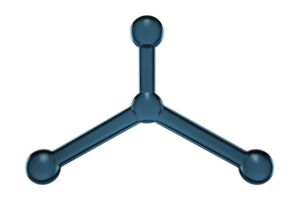 3D model of blue molecular structure with three connected rods and spheres, resembling simple chemical compound. design is minimalistic and abstract, suitable for educational or scientific png