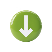 Glossy green button with white downward arrow symbol, representing download or navigation. button shiny surface adds modern and sleek touch to its design png